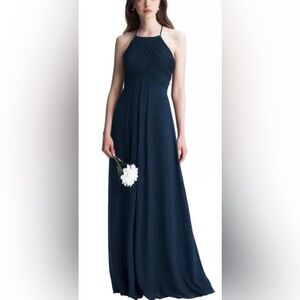 NWT Bill Levkoff Navy Chiffon Halter Bridesmaid Formal Gown Size 6